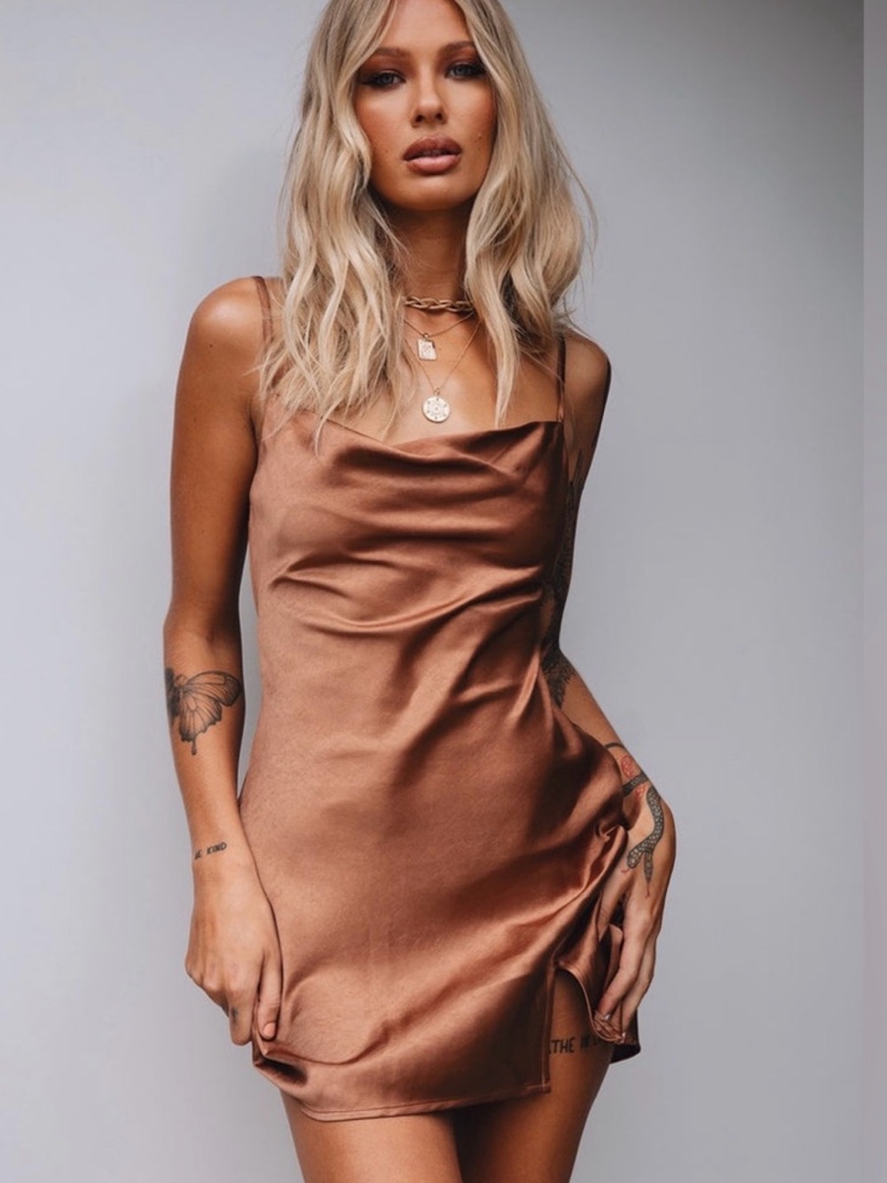 Princess Polly Satin Cowl Neck Slip Dress in Bronze